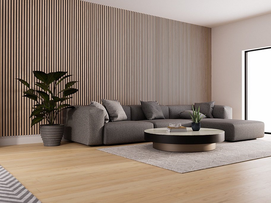 Akustikpanel - Lys Ubehandlet Eg m. sort baggrund - 60 x 240 cm