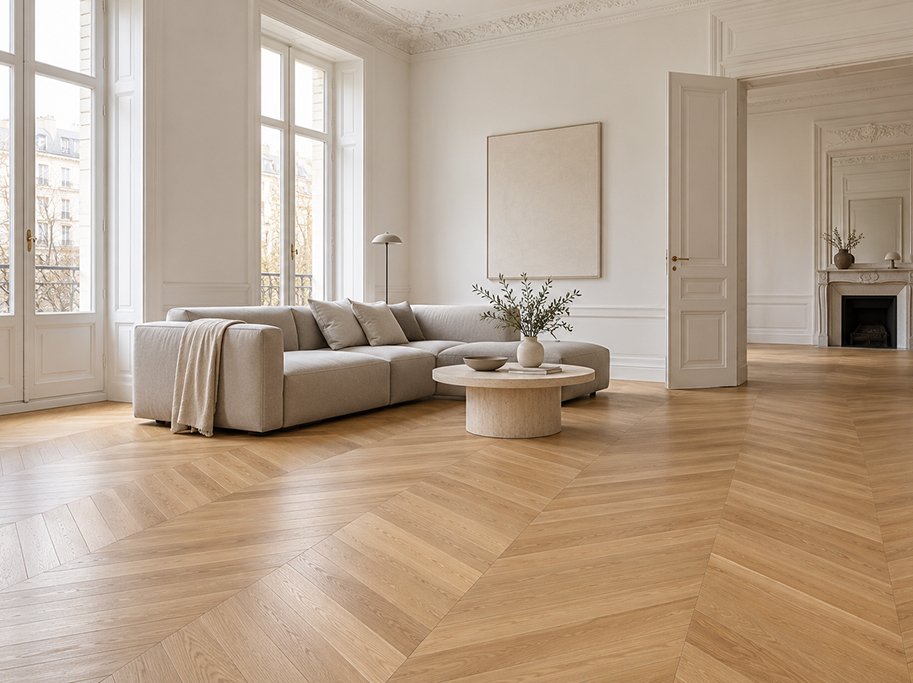 Chevron - Borstad Ek Design med klar olja - Bredd 90 mm