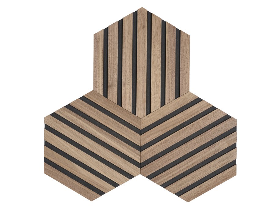 Designpanel - Obehandlad Amerikansk Valnt m. svart bakgrund - Hexagon