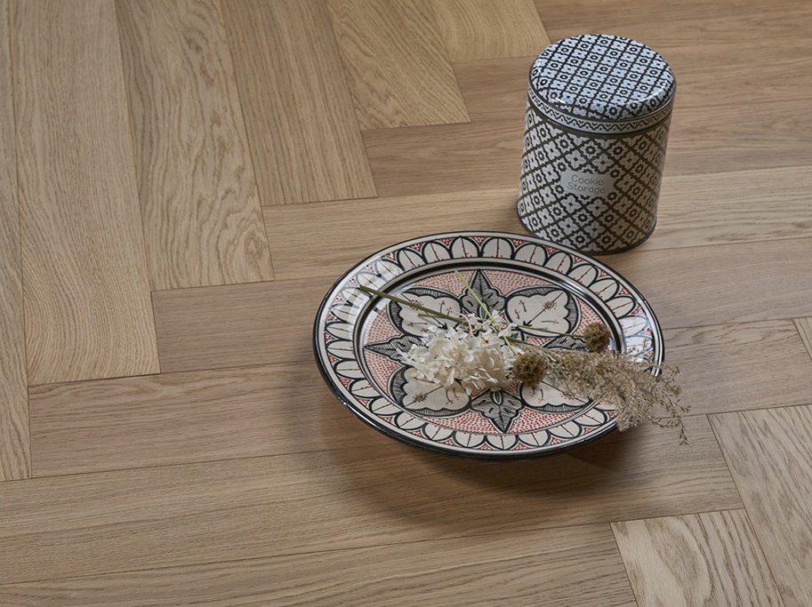 Stavparket med kliksystem - Eg Prime Natur med klar matlak - Bredde 135 mm